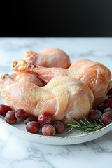 Plate of raw chicken drumsticks surrounded by fresh grapes and a sprig of rosemary on a marble countertop with soft natural lighting