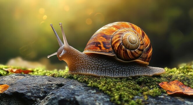 close-up of a brown snail with a spiral shell crawling on moss-covered rock in golden sunlight