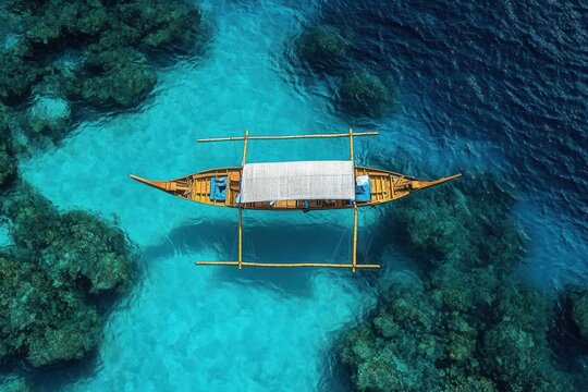 Traditional wooden outrigger boat floating over clear blue tropical water with visible coral reefs below