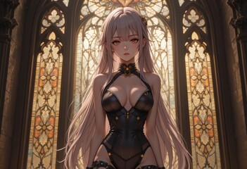 Obraz premium Anime Woman in Bodysuit Stained Glass Window