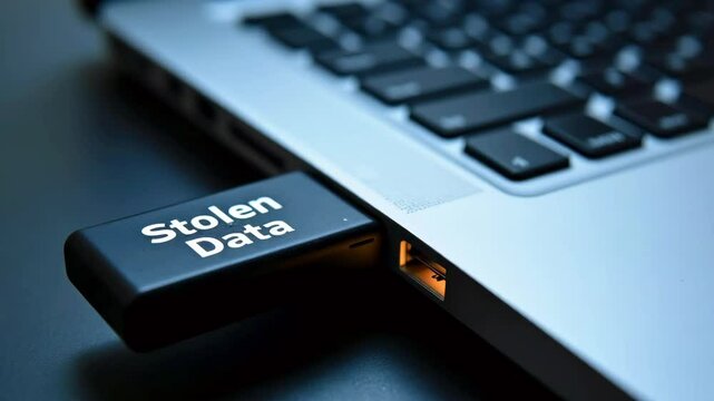 USB drive labeled 'Stolen Data' plugged into a laptop, highlighting cybersecurity concerns in tech