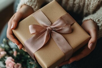 Close-up of hands gently holding a neatly wrapped gift box with brown paper and a satin ribbon bow, evoking warmth and anticipation