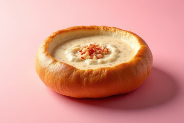 Delicious Clam Chowder Bread Bowl in Sunny Backyard Brunch Setting