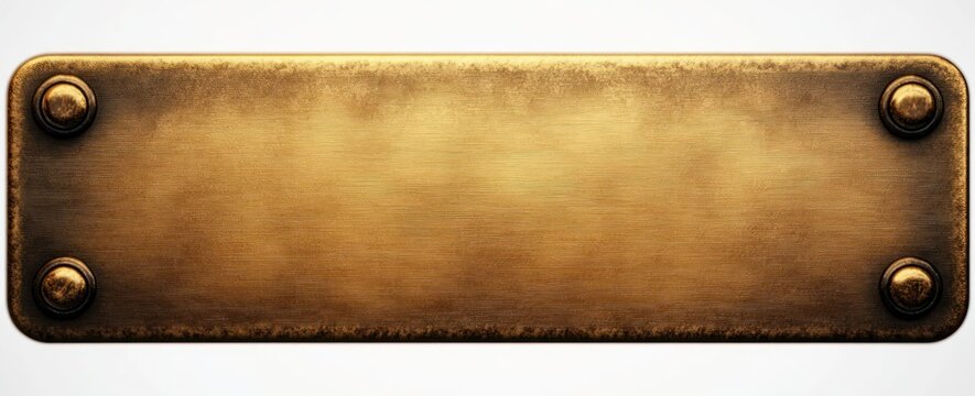 Blank vintage brass nameplate with rounded corners and four decorative screws on a white background, showing textured worn metal surface