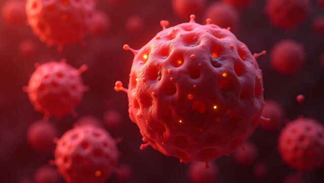 Crimson bacterium with glowing porous surface, detailed orifice structures, microscopic view with bokeh background microbes.