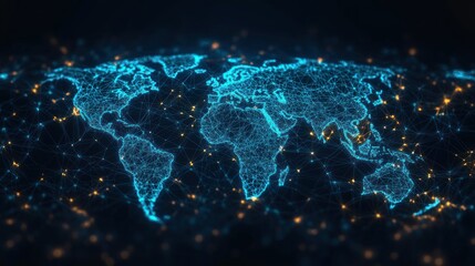 Digital world map made of glowing blue interconnected lines and nodes with bright orange highlights representing global network connectivity