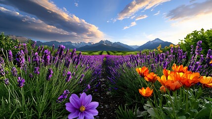 purple and orange flowers in a field with mountains in the background