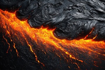 Close-up of glowing orange lava flowing beneath a solidified black volcanic crust with distinct textured patterns and cracks