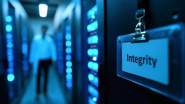 A technician walking through a data center, focusing on server integrity and security measures