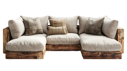 Elegant L shaped couch with neutral color tones isolated on transparent background