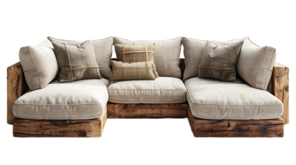 Elegant L shaped couch with neutral color tones isolated on transparent background
