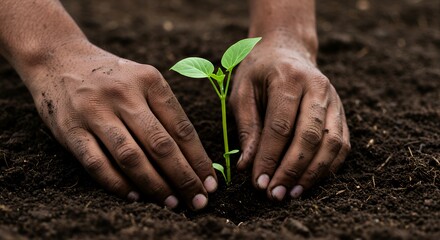 Hands Carefully Planting a Young Seedling in Rich Dark Soil
