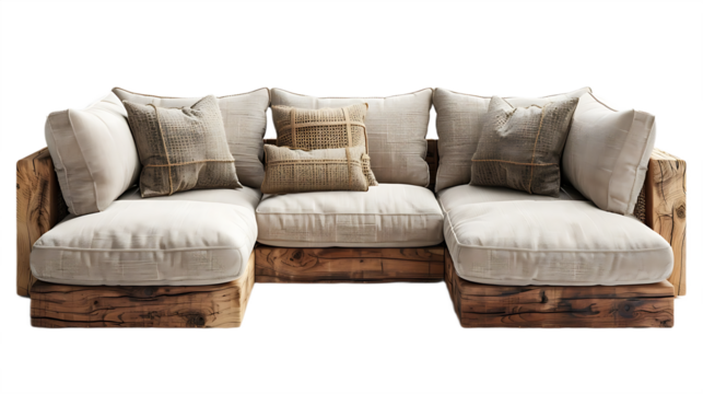 Elegant L shaped couch with neutral color tones isolated on transparent background