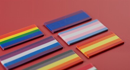 A vibrant collection of various LGBTQ+ pride flag pins, including rainbow, transgender, bisexual, and lesbian flags, displayed on a bright red background, symbolizing diversity and inclusion.