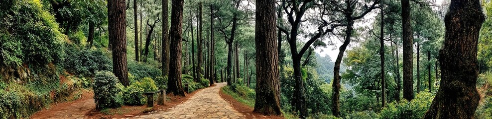 Naklejka premium Dense Forest Path With Tall Trees