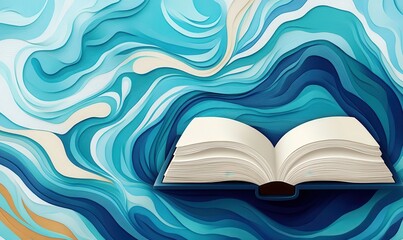 Livre ouvert sur fond abstrait de marbrures bleues