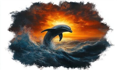 Fototapeta premium A dolphin leaping out of turbulent ocean waves under a dramatic orange sunset sky, surrounded by dark clouds and splashing water