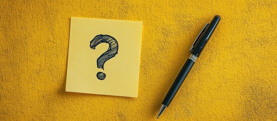 Black pen next to yellow sticky note with hand-drawn question mark on a textured yellow background conveying curiosity or inquiry