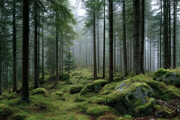 Obraz premium Misty Pine Forest Landscape