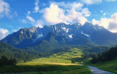 Fototapeta premium Bright sunny day with rugged mountain peaks partly covered in snow above lush green forest and an open grassy field with a winding pathway under a blue sky with scattered clouds