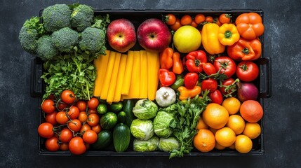 Fresh vegetables and fruits are in a black tray, flat lay arrangement. Use for healthy food, cooking blog, or showing fresh market produce.