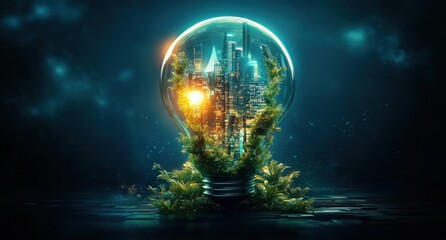Futuristic cityscape illuminated inside a glowing light bulb with greenery growing around and within it under a dark moody sky, symbolizing urban innovation and nature harmony