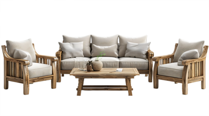 Luxurious puffy sectional with natural wood finish isolated on transparent background