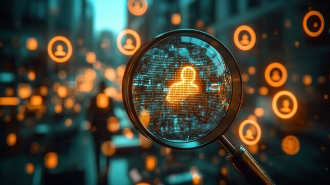 Magnifying glass focusing on a glowing human icon surrounded by multiple similar icons representing digital identity and data connections in a blurred urban background - Powered by Adobe