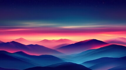 Obraz premium Vibrant sunset over misty mountain range, starry night sky, landscape wallpaper