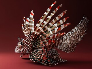 Striped lionfish displays ornate fins