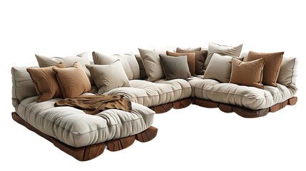 Modern L shape couch with gray accent pillows isolated on transparent background