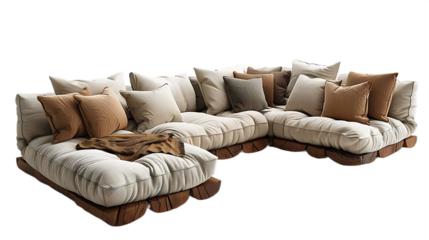 Modern L shape couch with gray accent pillows isolated on transparent background