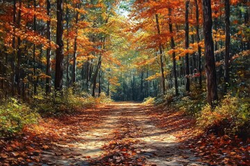 Obraz premium Sunlit forest path covered in fallen autumn leaves surrounded by trees with vibrant orange and yellow foliage