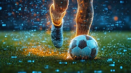 Close-up of a soccer player’s legs about to kick a soccer ball on a field with glowing digital effects creating a futuristic atmosphere