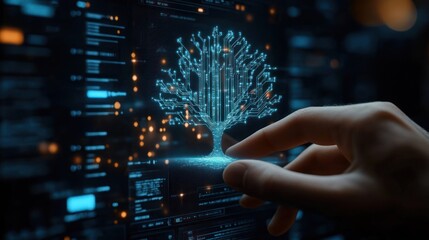 Human hand interacting with a glowing digital tree composed of circuit board patterns on a futuristic computer interface filled with data and code