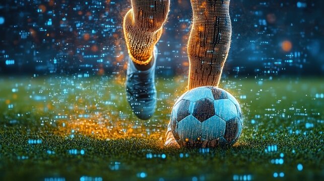 Close-up of a soccer player’s legs about to kick a soccer ball on a field with glowing digital effects creating a futuristic atmosphere
