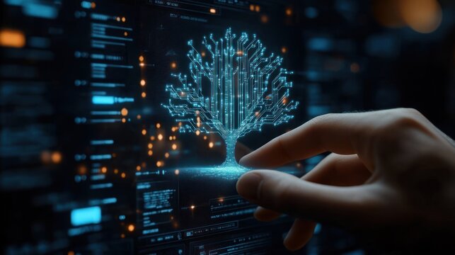 Human hand interacting with a glowing digital tree composed of circuit board patterns on a futuristic computer interface filled with data and code