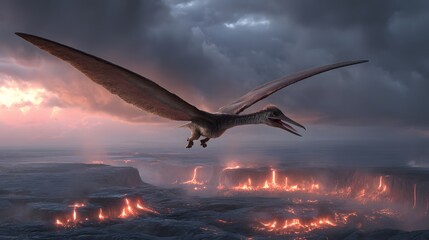 Obraz premium Prehistoric Pterosaur Soaring Over Volcanic Landscape at Sunset
