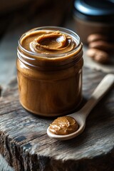 Close-up of a glass jar filled with smooth peanut butter placed on a rustic wooden surface with a wooden spoon holding creamy peanut butter in front