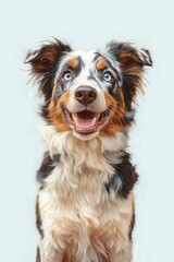 happy australian shepherd dog with bright blue eyes and multi-colored fur looking excited against a plain light background