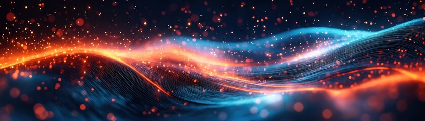 Abstract glowing wave of light particles and flowing lines creating dynamic vibrant orange and blue energy pattern