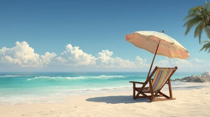 A serene beach scene featuring a deck chair, umbrella, and gentle waves under a clear sky.