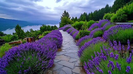 there is a pathway that is lined with purple flowers on the side of a hill