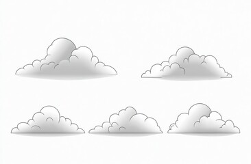 five different gray shaded cloud illustrations with soft shadows on a white background