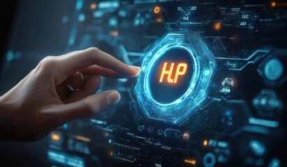 Close-up of a hand reaching towards a futuristic transparent digital interface with glowing blue and orange hexagonal elements and data visualization