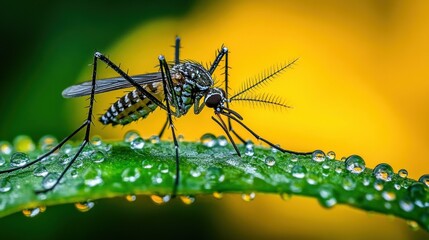 Close-up of a mosquito resting on a green leaf covered with water droplets against a blurred yellow and green background