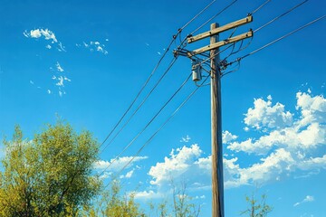 Wooden utility pole with power lines against a vibrant blue sky with white clouds and a green leafy tree
