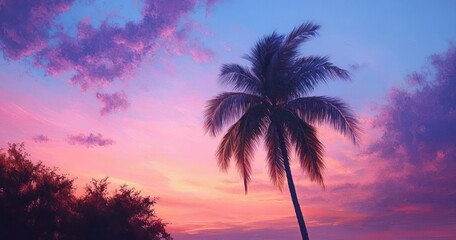 Tall palm tree silhouetted against a vibrant pink and purple sunset sky with scattered clouds and dark tree foliage at the bottom left
