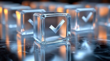 Transparent glass cubes with metallic check marks inside placed on a reflective surface with warm and cool lighting creating a futuristic and clean atmosphere