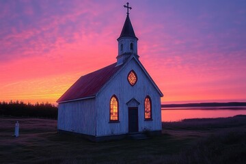 Fototapeta premium Small white wooden church with stained glass windows glowing at sunset beside a calm lake under a vibrant pink and purple sky